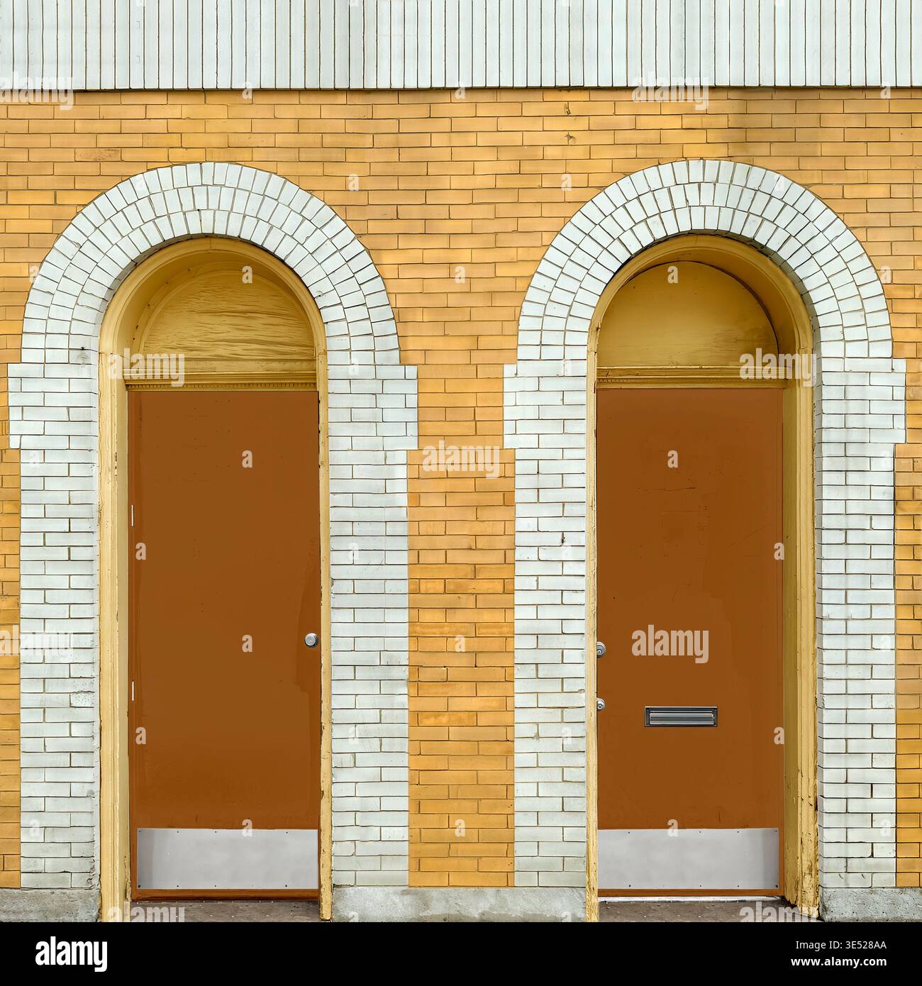Porte abbinate ad arco in una facciata in mattoni gialli, Chicago. - Immagine stock catturata con smartphone