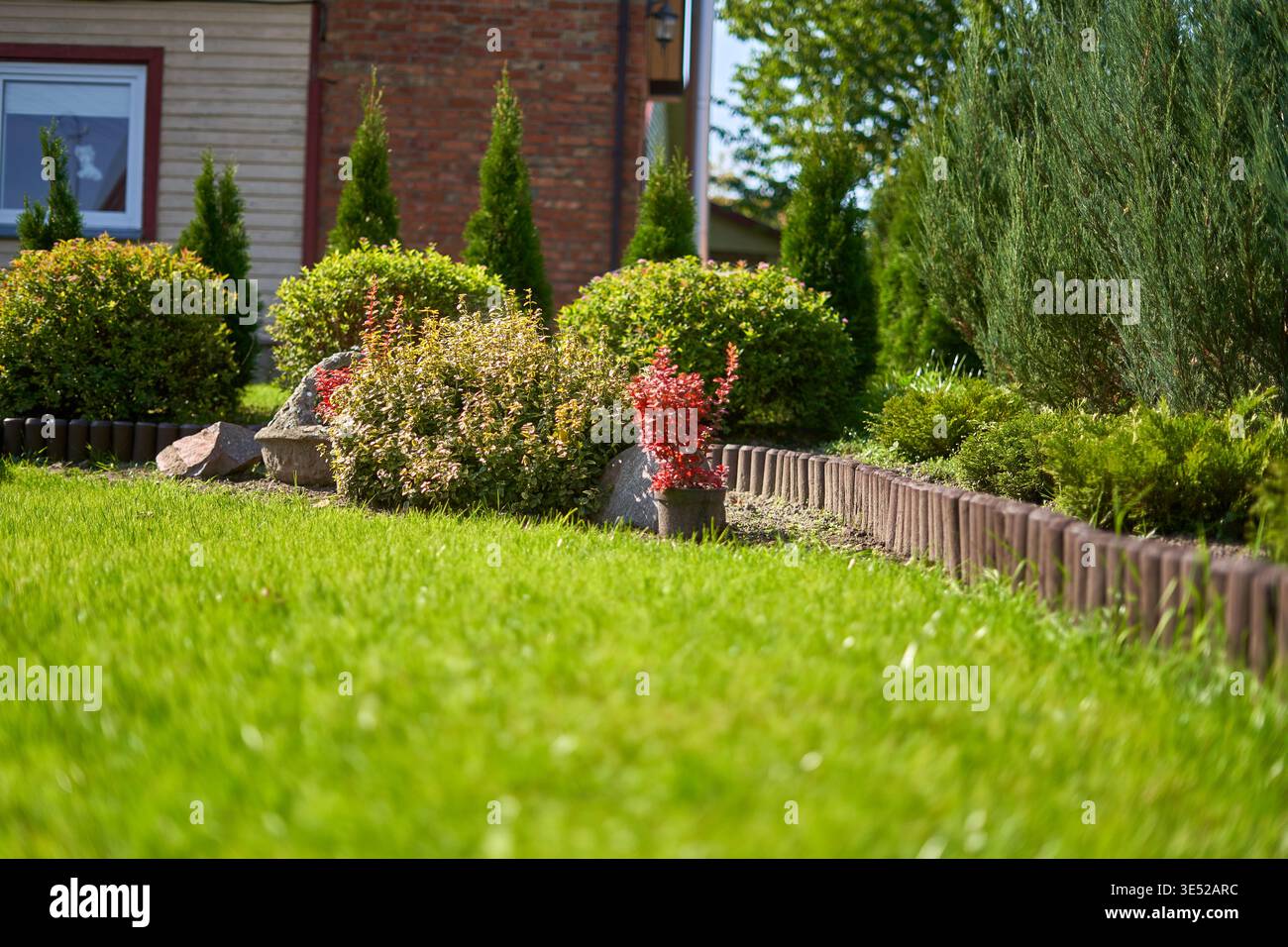 Un giardino residenziale splendidamente mantenuto caratterizzato da un lussureggiante prato verde in primo piano e da ben curati letti da giardino delimitati da bordature in legno. Il Foto Stock