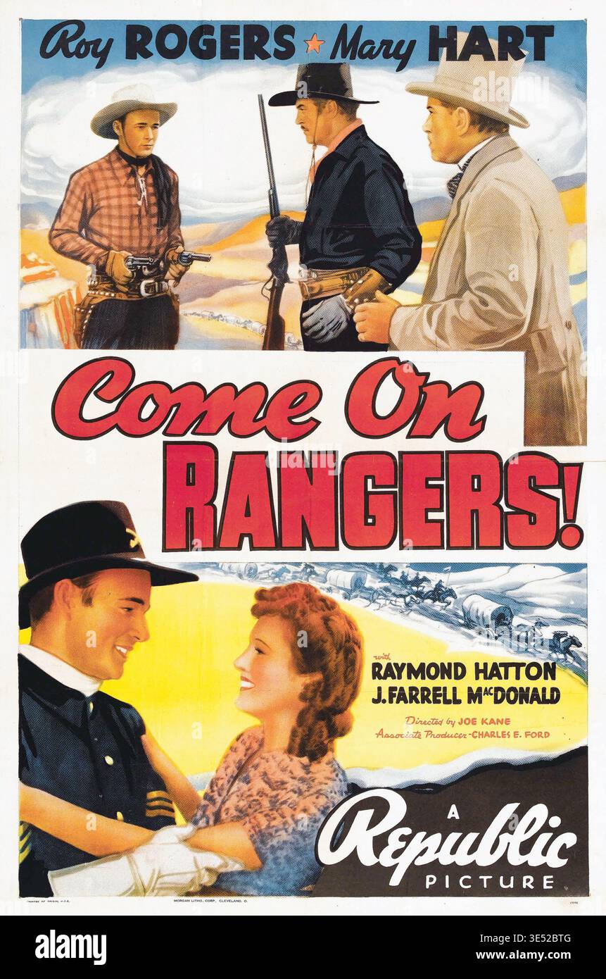 Questo poster vintage da un foglio per il film del 1938 "dai, Rangers!" Con Roy Rogers e Mary Hart. Presenta una classica scena occidentale con Rogers che tiene in mano una pistola, insieme ad altri personaggi, e un romantico duo con carri pionieristici sullo sfondo. Foto Stock