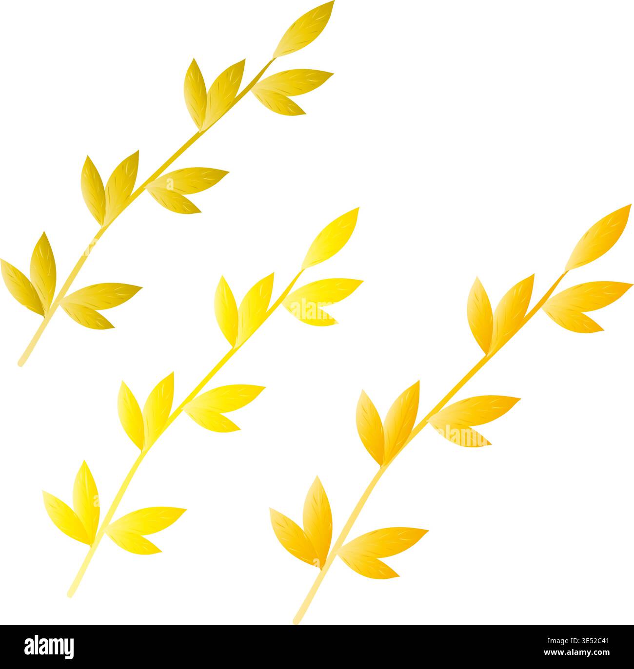 Vettore di branca della foglia dorata impostato su sfondo trasparente. Ramoscelli di alloro giallo con collezione di foglie. Elementi botanici decorativi per matrimoni Illustrazione Vettoriale