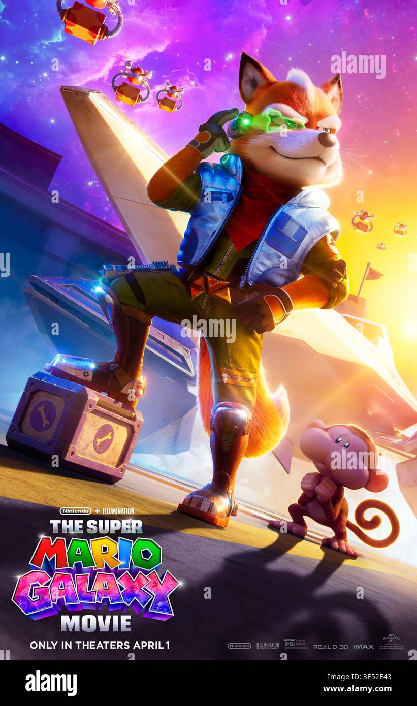 The Super Mario Galaxy Movie (2026) diretto da Aaron Horvath e Michael Jelenic e interpretato da Glen Powell come voce di Fox McCloud. Mario, Luigi e Yoshi si uniscono alla Principessa Peach e Toad in un viaggio cosmico attraverso osservatori galattici e vuoti pieni di stelle per fermare Bowser Jr. E i suoi alleati dal sfruttare il potere della Principessa Rosalina e conquistare l'universo. USA Advance poster SOLO PER USO EDITORIALE credito: BFA / Universal Pictures Foto Stock