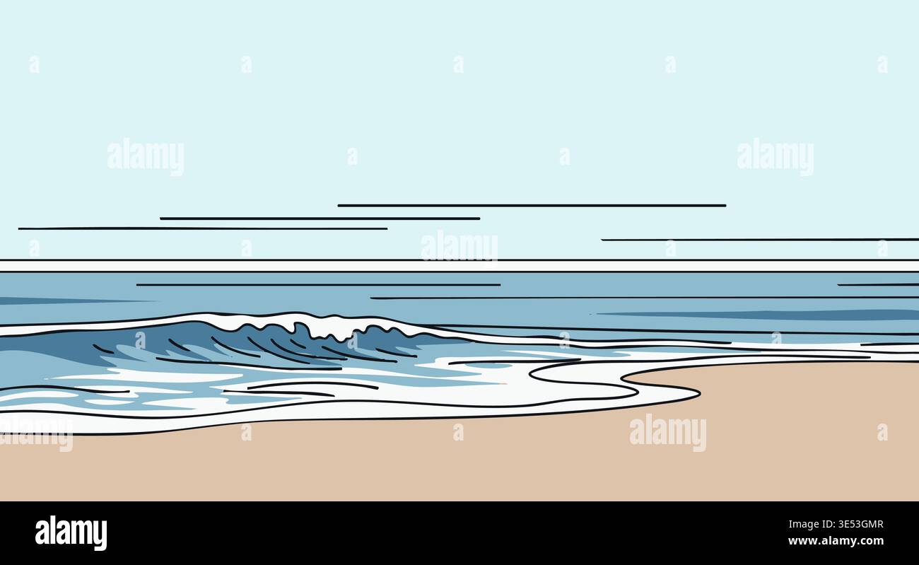 Le onde dell'oceano si infrangono dolcemente su una spiaggia sabbiosa in questa tranquilla illustrazione vettoriale minimalista. Illustrazione Vettoriale