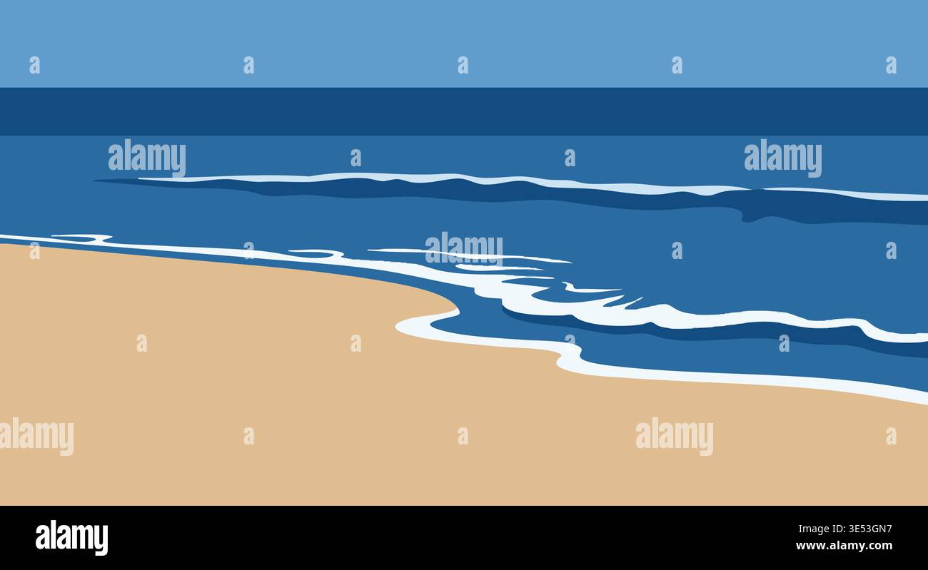 L'illustrazione vettoriale minimalista raffigura le tranquille onde dell'oceano che si innalzano su una spiaggia sabbiosa sotto un cielo azzurro limpido, evocando serenità. Illustrazione Vettoriale