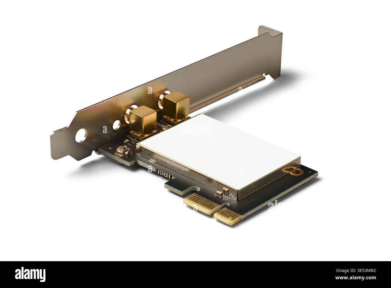 scheda di rete pci express elettronica con staffa in metallo sfondo bianco isolato, scheda a circuito stampato scura con etichetta vuota, modello di computer Foto Stock