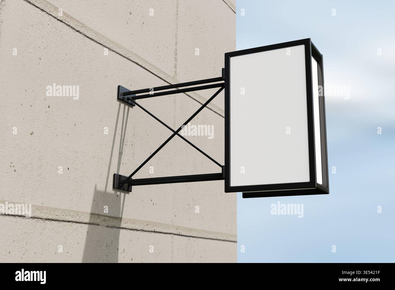 Montaggio di segnali luminosi verticali vuoti su una parete in cemento, aggiungendo uno spazio pulito per il branding o la pubblicità Foto Stock