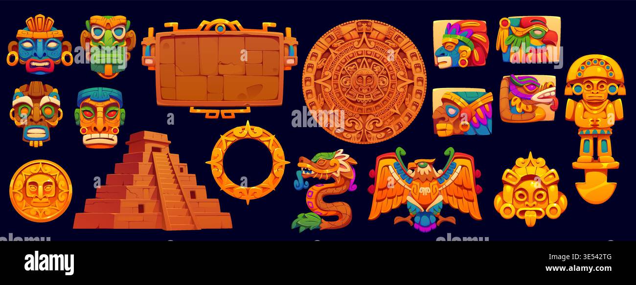 Icone di gioco messicane Inca Maya Aztec, risorsa dell'interfaccia utente vettoriale. Cornice per cartelli in pietra cartoni animati, icone e bottoni con l'antica piramide, maschere totem maya e monete d'oro. Set di icone di gioco della civiltà azteca Illustrazione Vettoriale