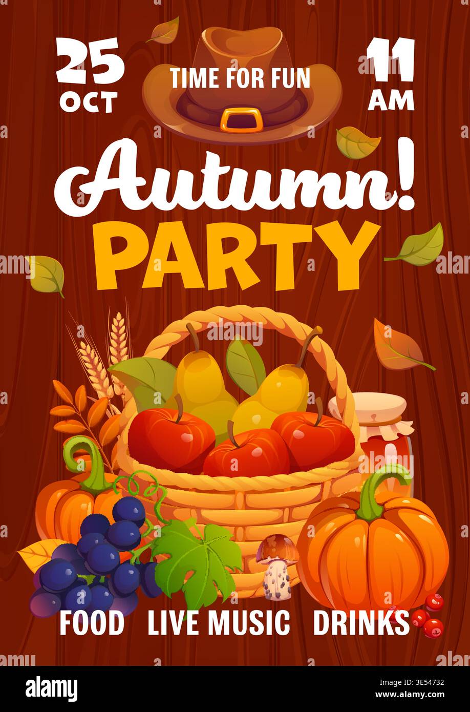 Volantino per feste autunnali e del Ringraziamento con raccolta in cesto di vimini e striscione vettoriale. Volantino per il festival delle feste autunnali e del Ringraziamento con foglie autunnali, zucca e vaso di miele, frutta e frutti di bosco Illustrazione Vettoriale