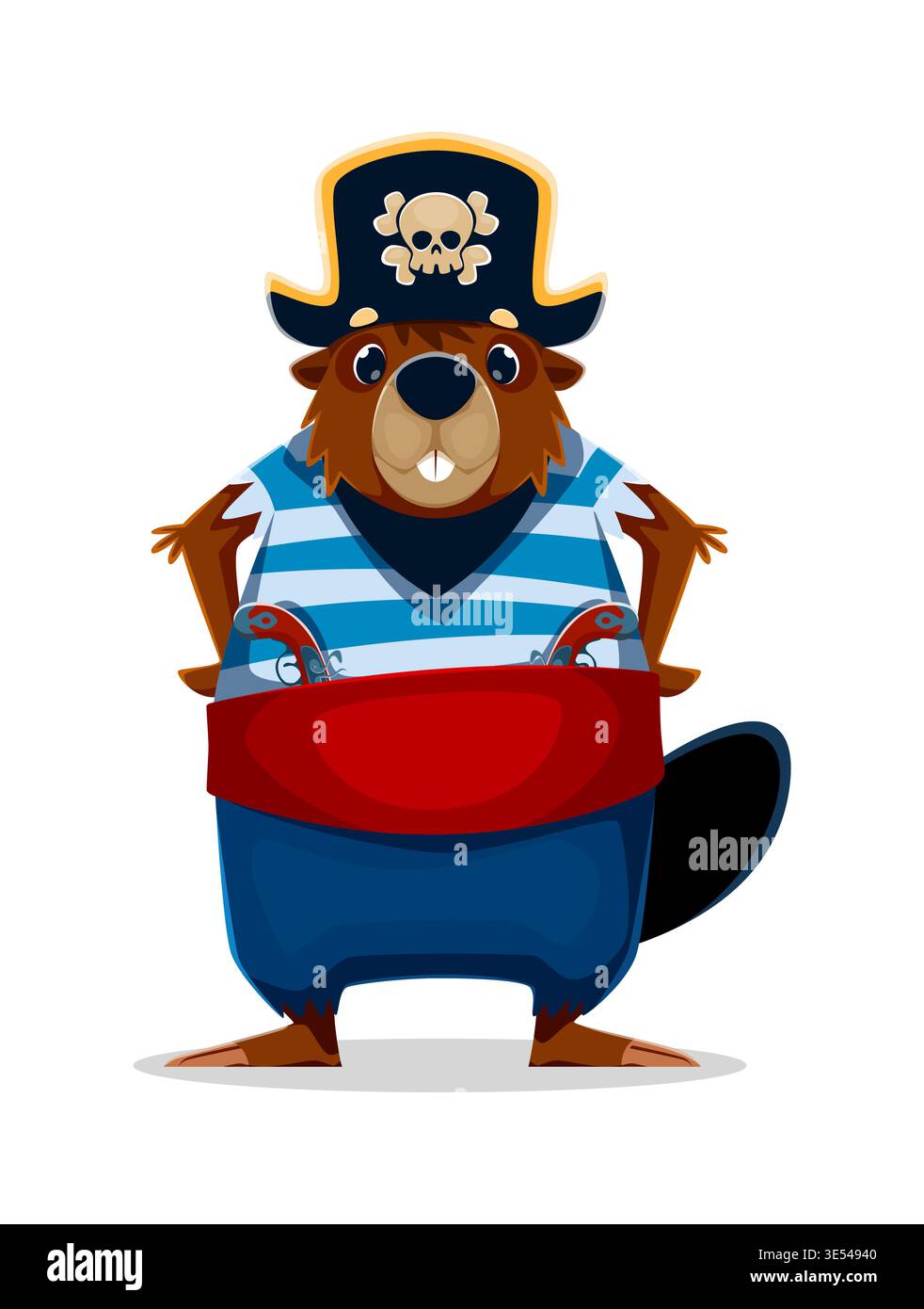 Personaggio dell'equipaggio dei pirati animaletti che indossa una camicia blu a righe, una fascia rossa, pantaloni blu e un cappello da capitano nero con un emblema del cranio, che tiene in mano due pistole a pietra focaia infilate nella cintura Illustrazione Vettoriale