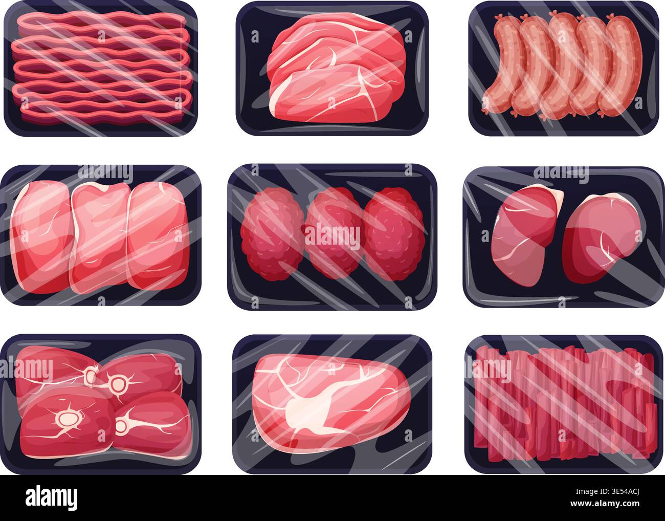 Confezioni di carne surgelate. Carni i prodotti in contenitori di plastica con pellicola. Bistecche fresche congelate, carne macinata, cotolette, filetto, salsicce. Articoli da supermercato Illustrazione Vettoriale