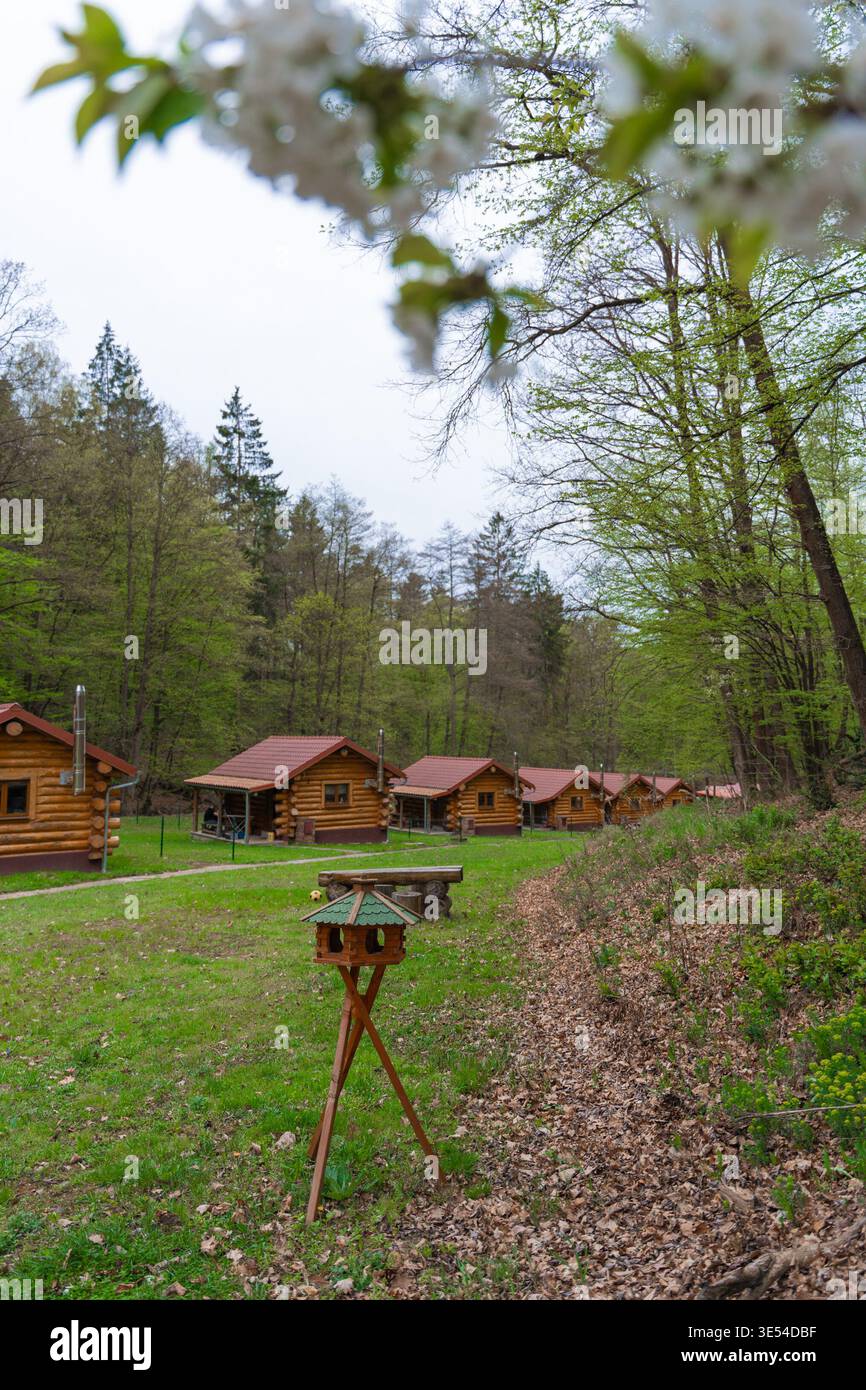 Fila di cabine in legno nella foresta primaverile con alimentatore per uccelli e area picnic nella campagna rurale ceca Foto Stock