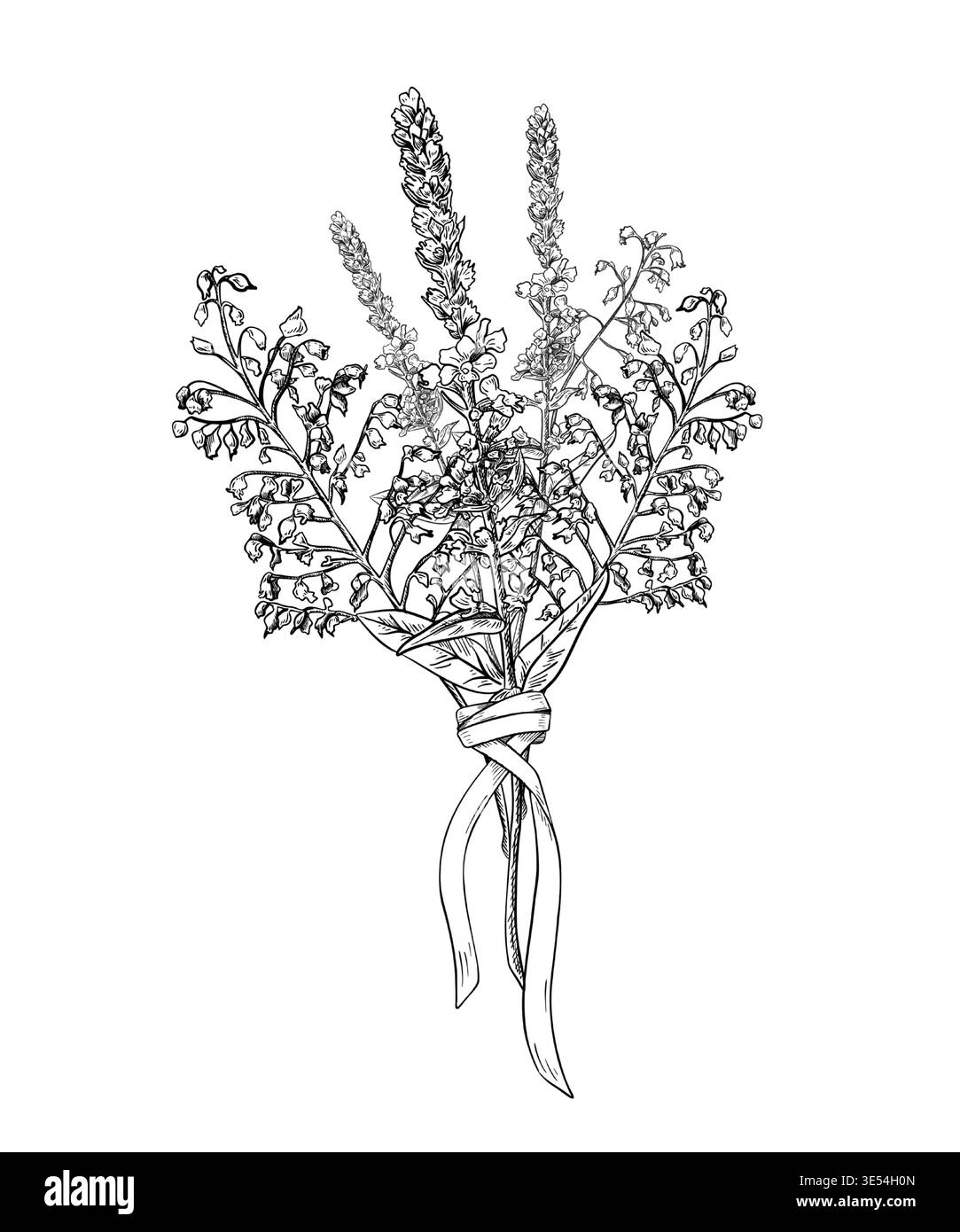 Mazzo di fiori selvatici disegna con il nastro legato all'arco. Fiori a forma di campana e disegno grafico a righe libere. Floreale vettoriale bianco e nero Illustrazione Vettoriale