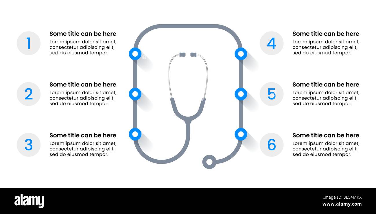 Modello infografico con 6 opzioni o passaggi. Stetoscopio. Può essere utilizzato per layout del flusso di lavoro, diagrammi, banner, webdesign. Illustrazione vettoriale Illustrazione Vettoriale