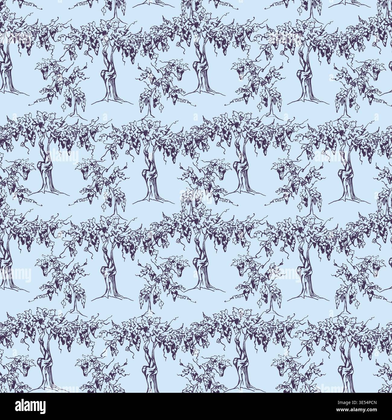 Classico motivo vitivinicolo con foglie dettagliate e grappoli appesi in vecchi tronchi di vite. Illustrazione vettoriale senza cuciture disegnata a mano con inchiostro. Vino Illustrazione Vettoriale