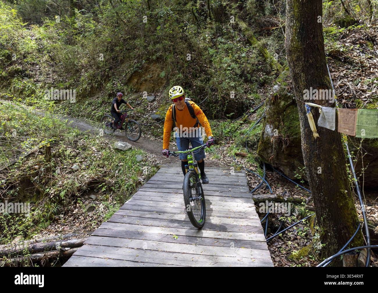 Bhutan, Chang Gewog, Thimphu, uomini cavalcano in bicicletta sportiva nel Parco naturale di Kuenselphodrang Foto Stock