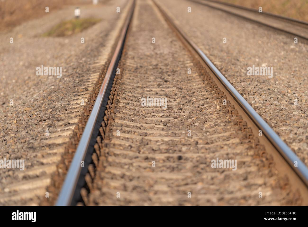 Ampia vista del treno. La ferrovia si estende in lontananza. Il tracciato si dissolve nell'orizzonte tranquillo. Allungamento della ferrovia che scompare alla luce solare serena e alla luce del sole Foto Stock