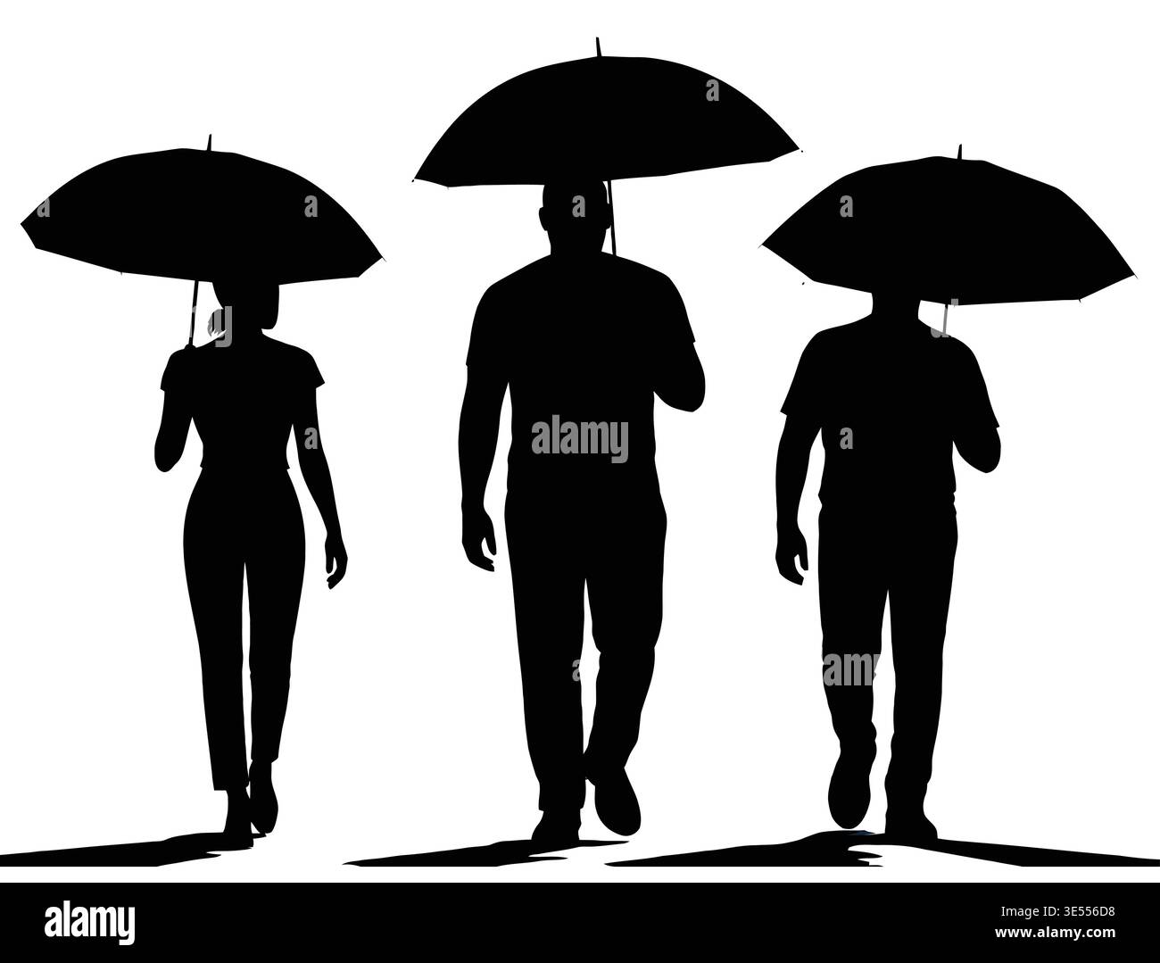 Sagoma delle persone che camminano con gli ombrelli in caso di pioggia Illustrazione Vettoriale