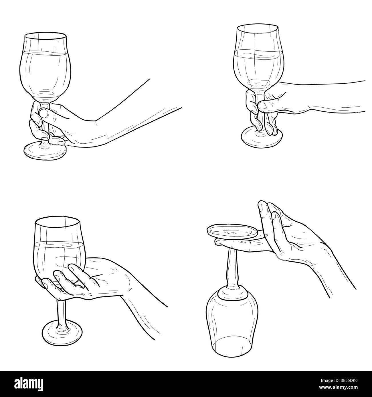 un bicchiere di vino in mano a una donna, uno schizzo disegnato a mano. Illustrazione vettoriale. Il palmo di un cameriere o sommelier, un semplice insieme di disegni isolati su un Illustrazione Vettoriale