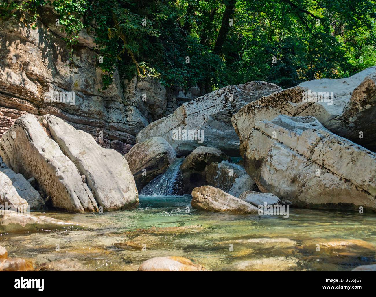 Fluente fiume di montagna con acqua limpida che si snoda attraverso una gola rocciosa illuminata dal sole, circondato da lussureggianti alberi verdi e antiche formazioni di pietra Foto Stock