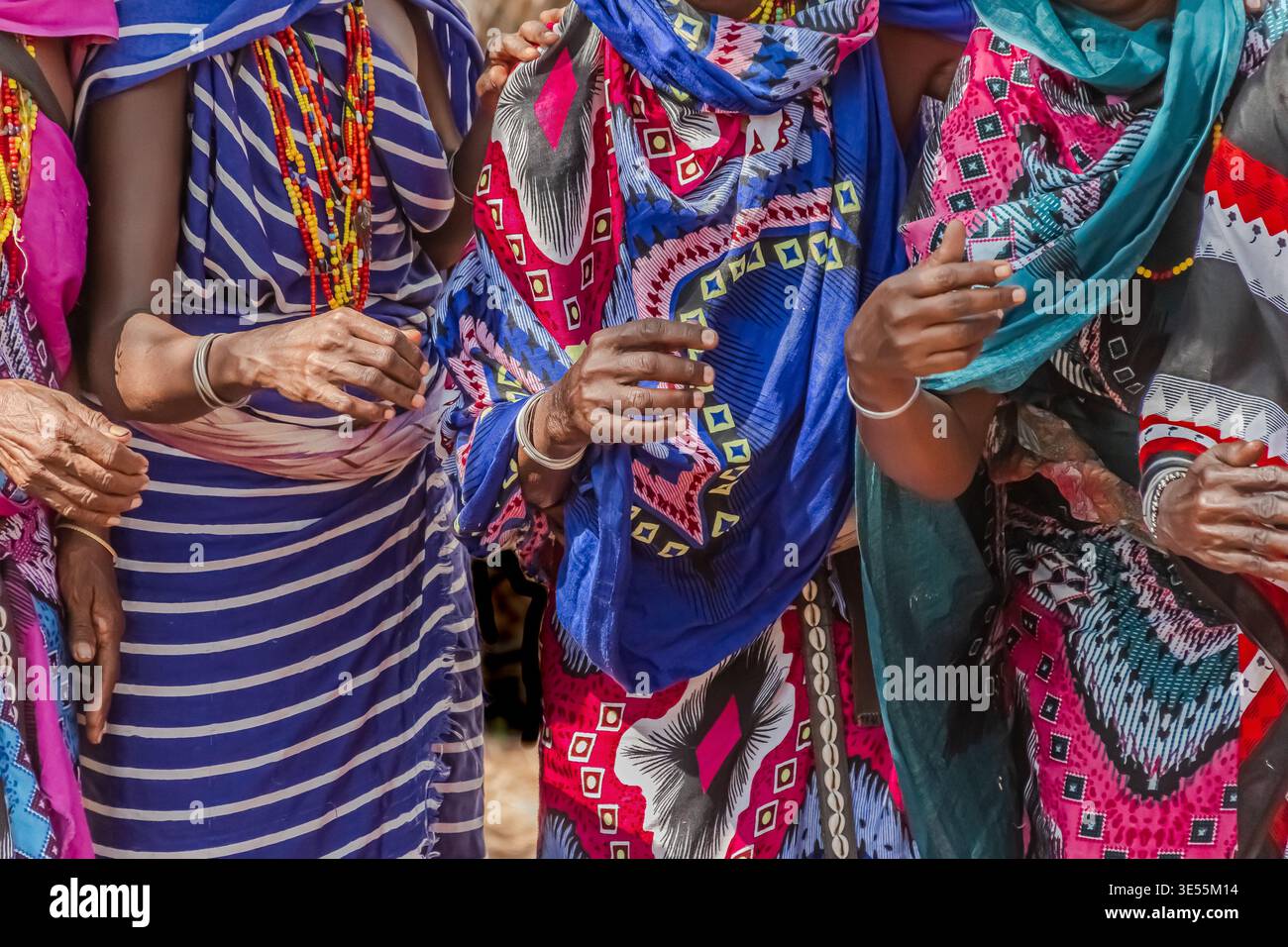 Il Gabbra di lingua cusciita è una comunità pastorale nomade che vive nell'arido deserto di Chalbi nel nord del Kenya. Stanno eseguendo un ballo. Foto Stock