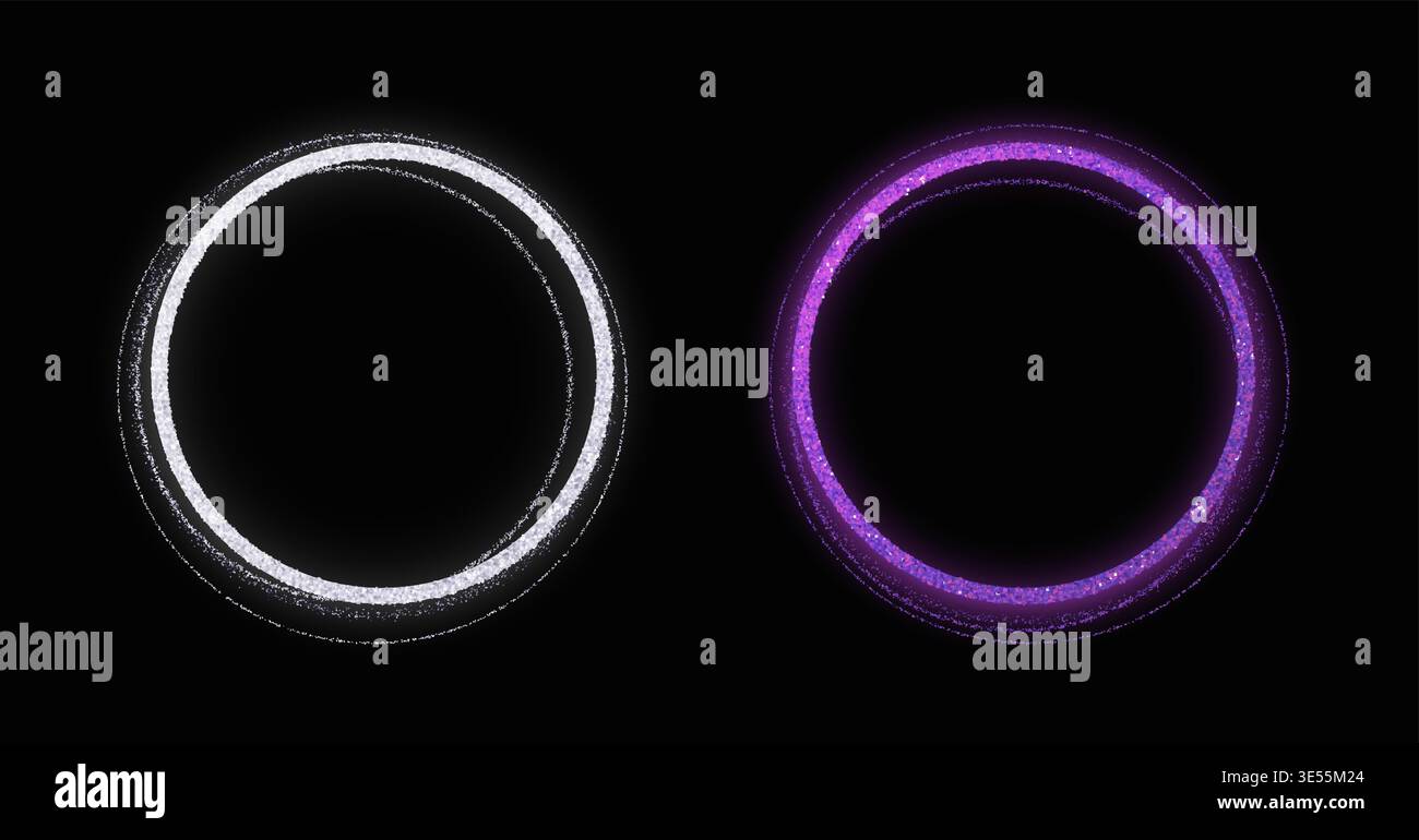 Anelli circolari luminosi in metallo con brillante bagliore al neon, una cornice luminosa bianca e una viola, futuristica su sfondo scuro, perfetti per banner, loghi e illustrazioni vettoriali dell'interfaccia utente Illustrazione Vettoriale