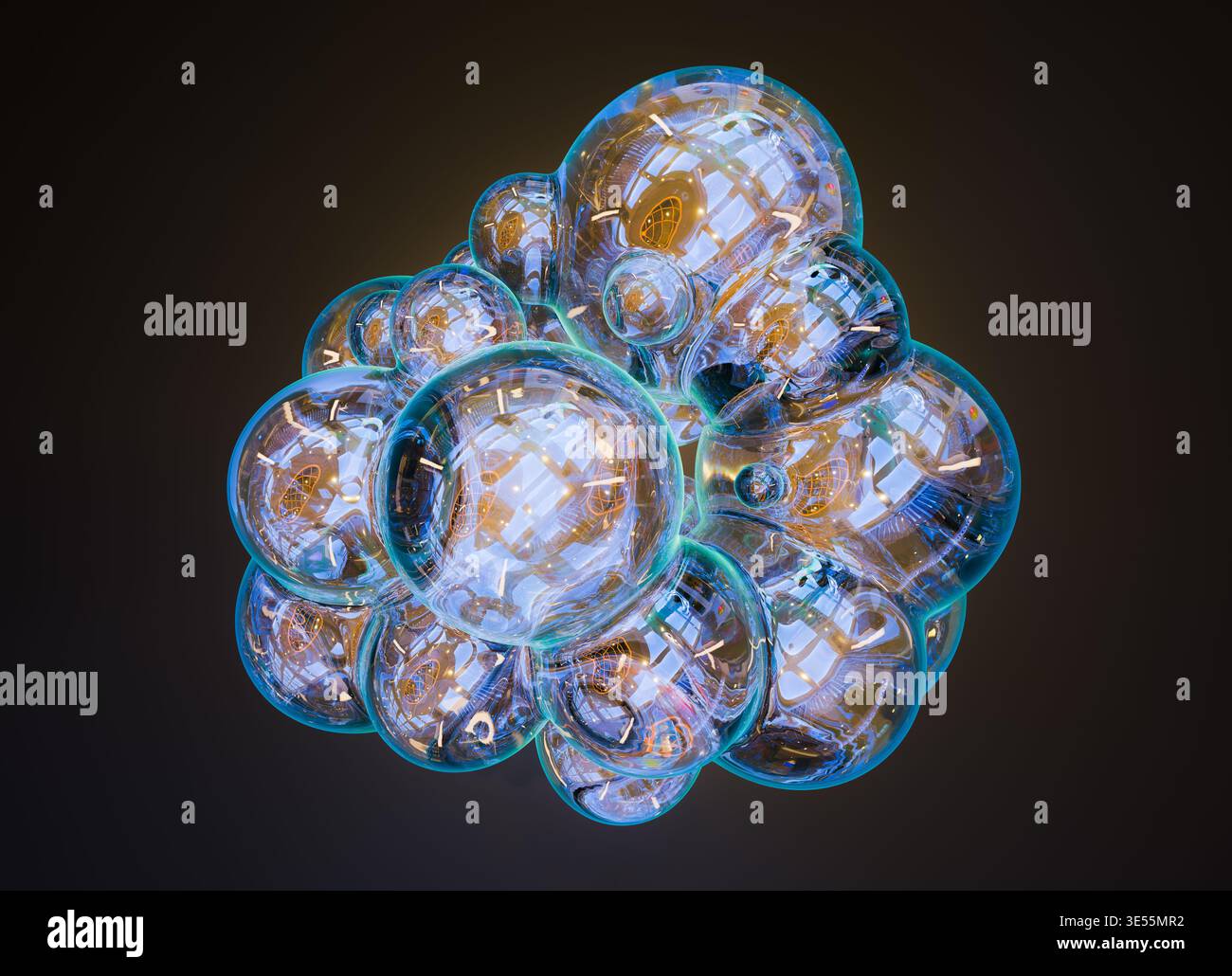 Rendering 3D di un cluster di vetro liquido astratto composto da sfere trasparenti interconnesse con superfici altamente riflettenti. Foto Stock