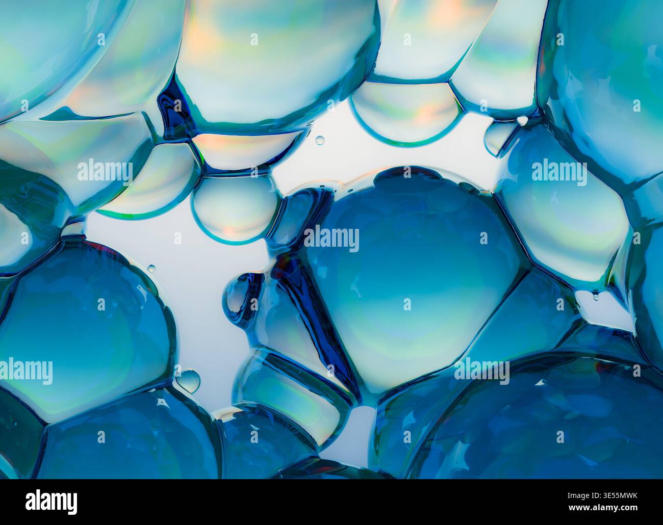 Rendering 3D di un blob di vetro liquido astratto composto da forme organiche morbide e arrotondate che si fondono in un'unica struttura fluida. Foto Stock