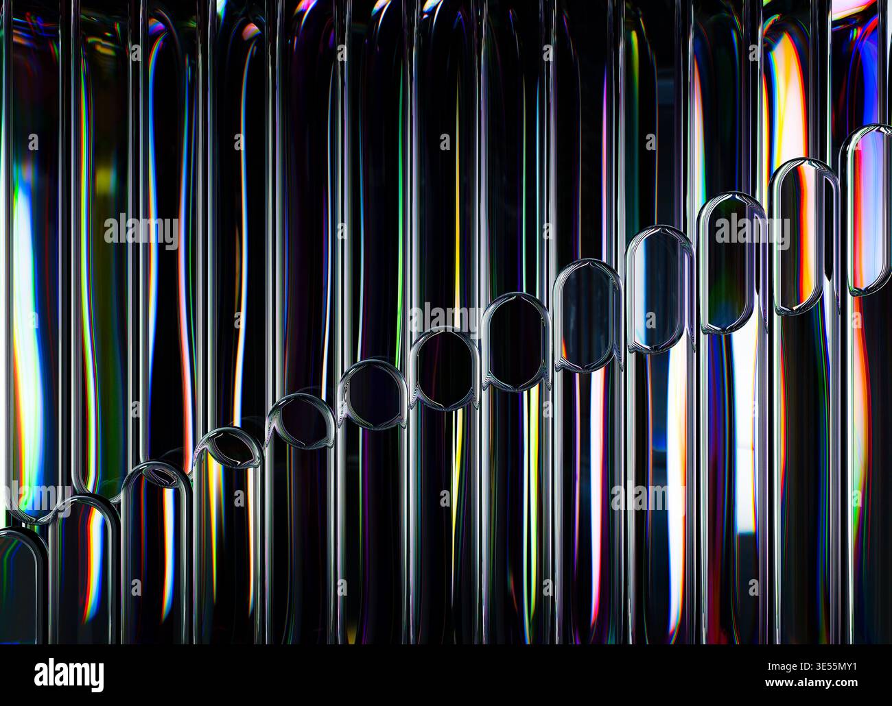 Rendering 3D di una composizione astratta con forme tubolari in vetro liquido disposte in un motivo verticale. Foto Stock