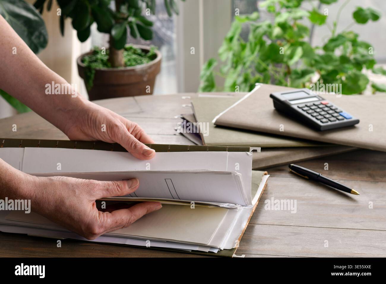 Donna che cerca tra le cartelle dei file sul tavolo in ambiente domestico. Documenti e documenti cartacei visibili, evidenziando l'organizzazione, la registrazione dei dati e i veicoli elettrici Foto Stock