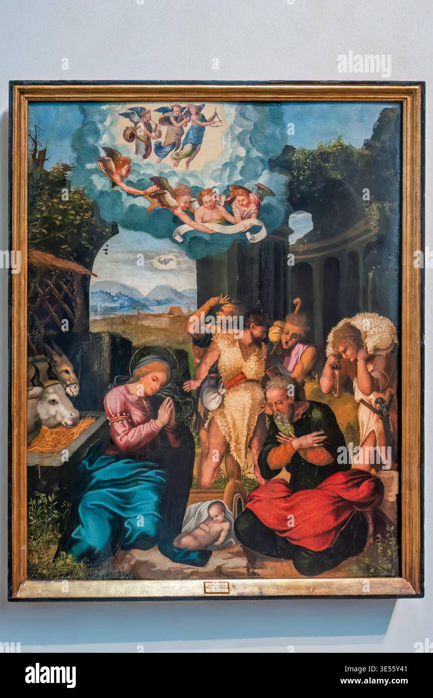 Adorazione dei Pastori dipinto di Pedro Machuca al Museo Nazionale di Scultura di Valladolid, Spagna. Un classico lavoro rinascimentale spagnolo. Foto Stock