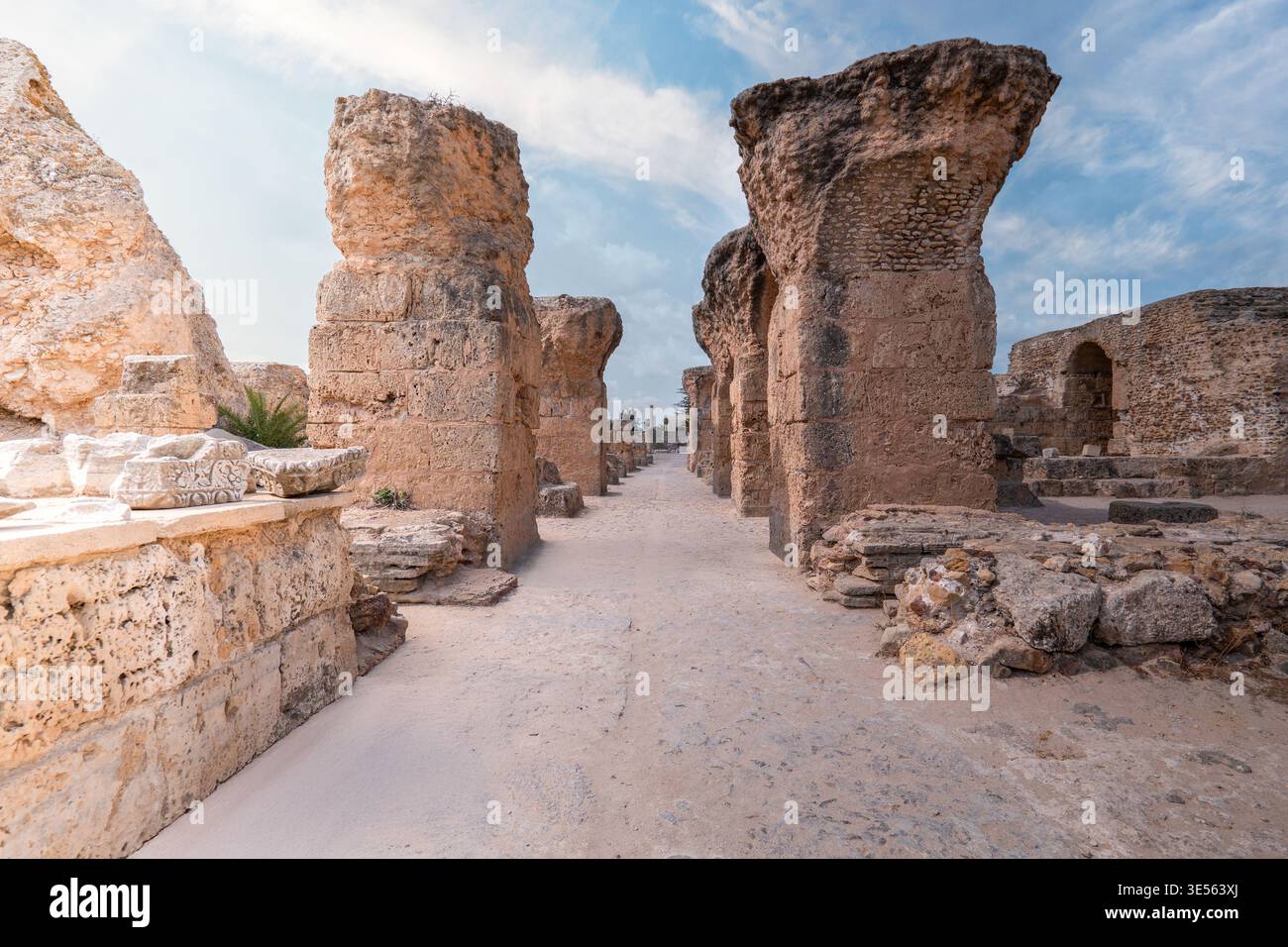 Vista delle antiche rovine delle terme di Antonino con enormi colonne di pietra e murature intemprate sotto un cielo luminoso a Tunisi, nel Governatorato di Tunisi, T. Foto Stock