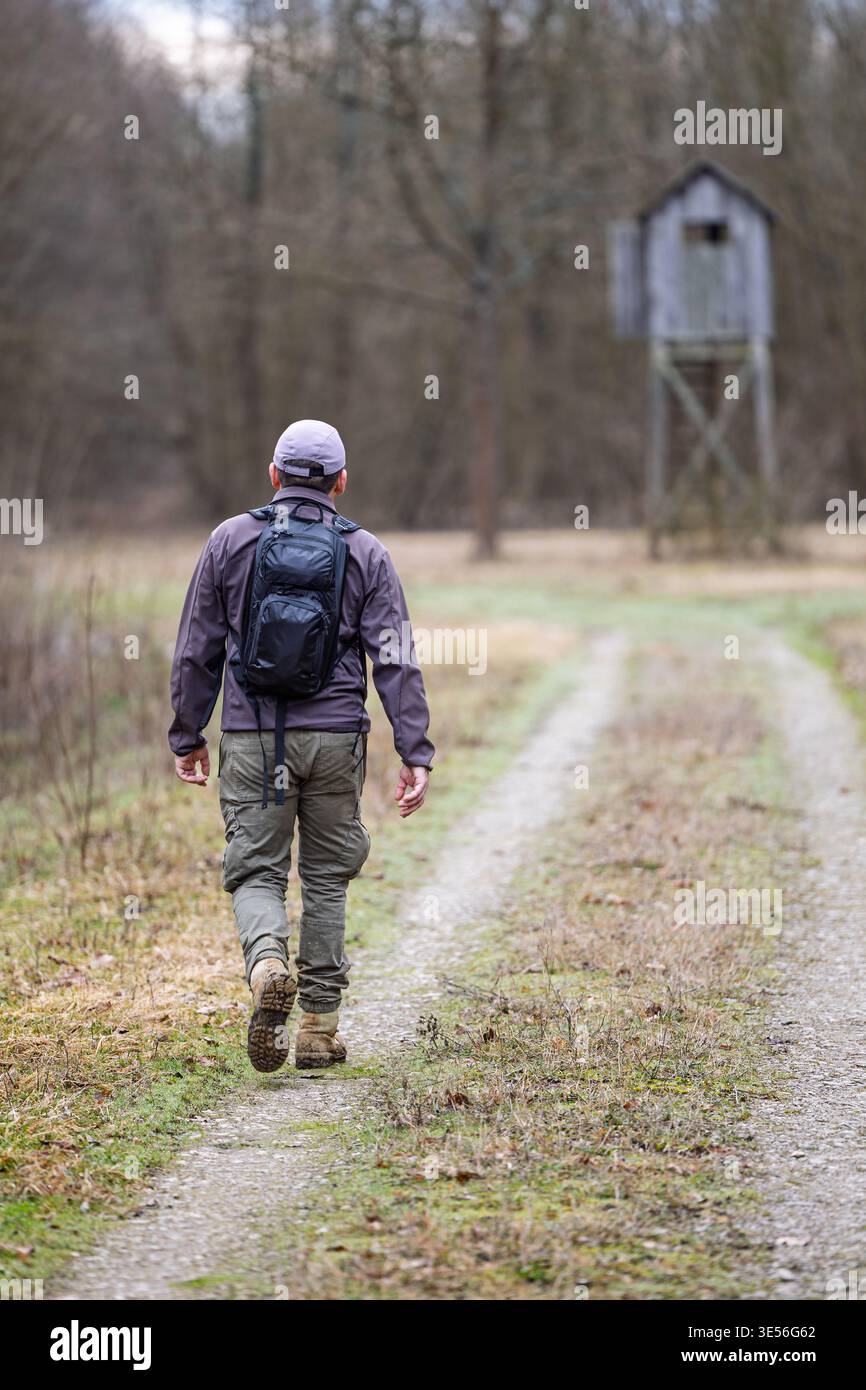 Un escursionista solitario cammina lungo un sentiero fangoso di campagna portando uno zaino nero verso un cieco da caccia di legno in una tranquilla foresta autunnale, che evoca la solitudine Foto Stock