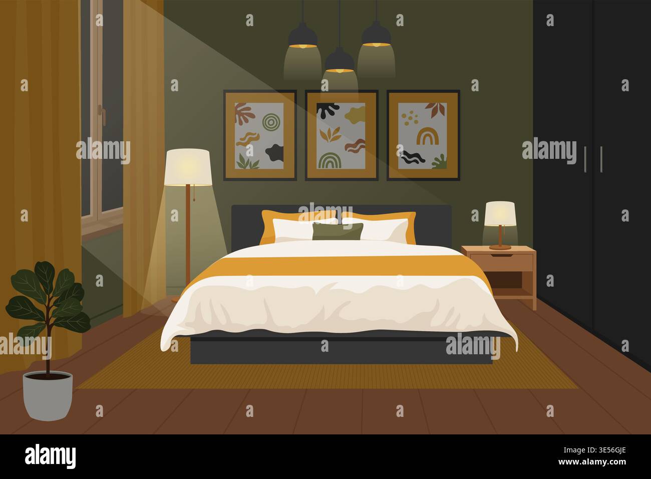 Intimo interno della camera da letto con lampade calde e pareti di oliva scure, illustrazione vettoriale. Illustrazione Vettoriale