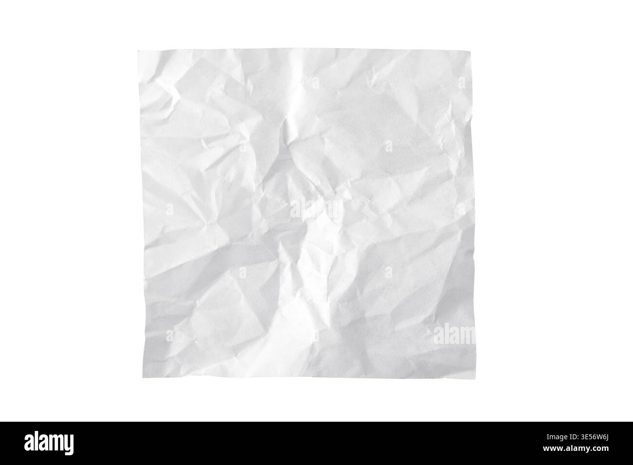 Foglio di carta bianca sgualcito isolato con pieghe e pieghe realistiche su uno sfondo bianco pulito, perfetto per design e sfondi creativi. Foto Stock