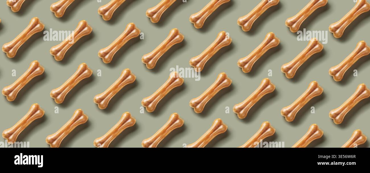 Schema di ripetizione senza interruzioni delle ossa di cane su sfondo verde. Perfetto per design, confezioni e materiali promozionali a tema per animali domestici. immagine panoramica Foto Stock