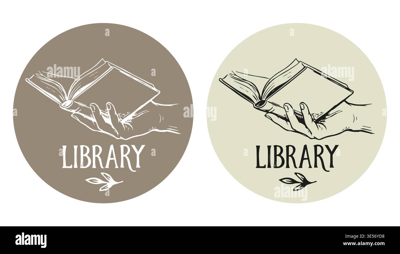 Mano che tiene un libro aperto all'interno di un distintivo circolare. Illustrazione a mano vintage con incisione in stile retrò. Illustrazione Vettoriale