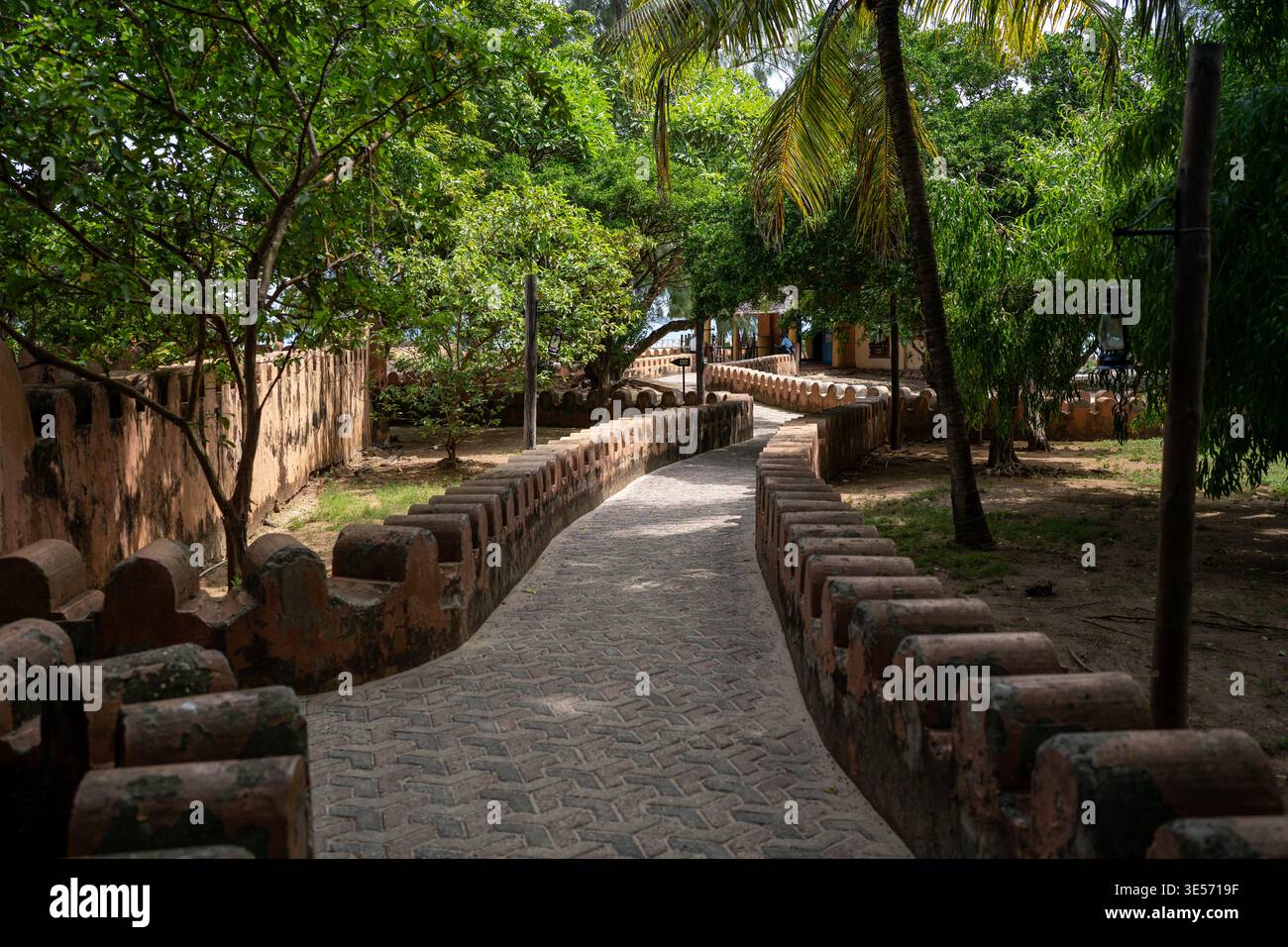 Passerella curva nel giardino tropicale sull'isola Prison di Zanzibar Foto Stock