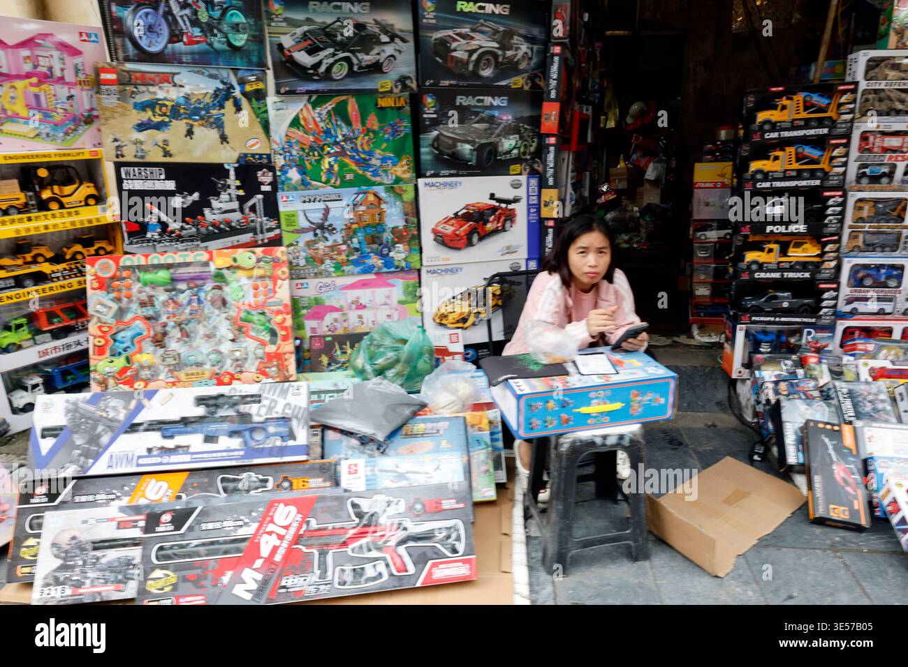 Una giovane donna si siede tra pile di set da costruzione di giocattoli, modellini di auto, pistole di plastica e giochi da tavolo. Hanoi. Vietnam. Foto Stock