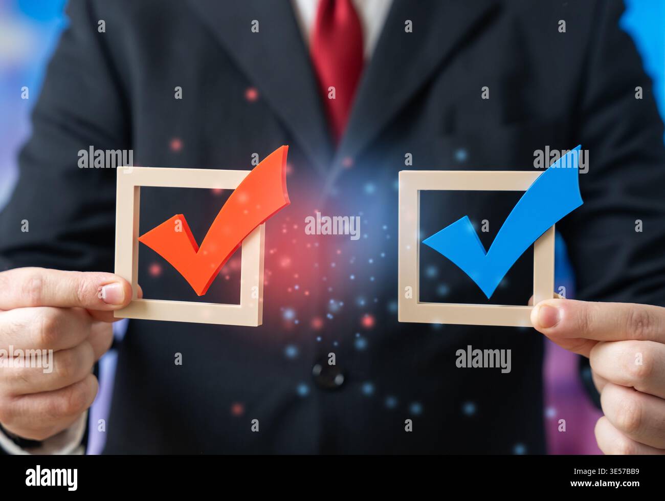 Due caselle di controllo rappresentano la rivalità tra i candidati politici. La competizione elettorale determina i risultati. Strategia della campagna, scelta pubblica, influenze Foto Stock