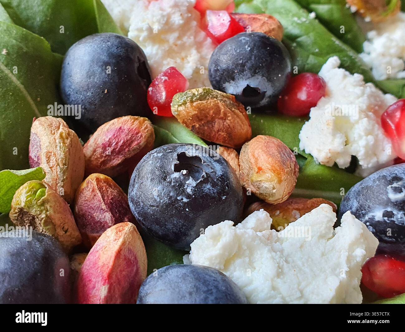 Foto macro da vicino di un'insalata fresca o di un piatto sano con mirtilli scuri e pistacchio sgusciato con viola e verde visibili Foto Stock