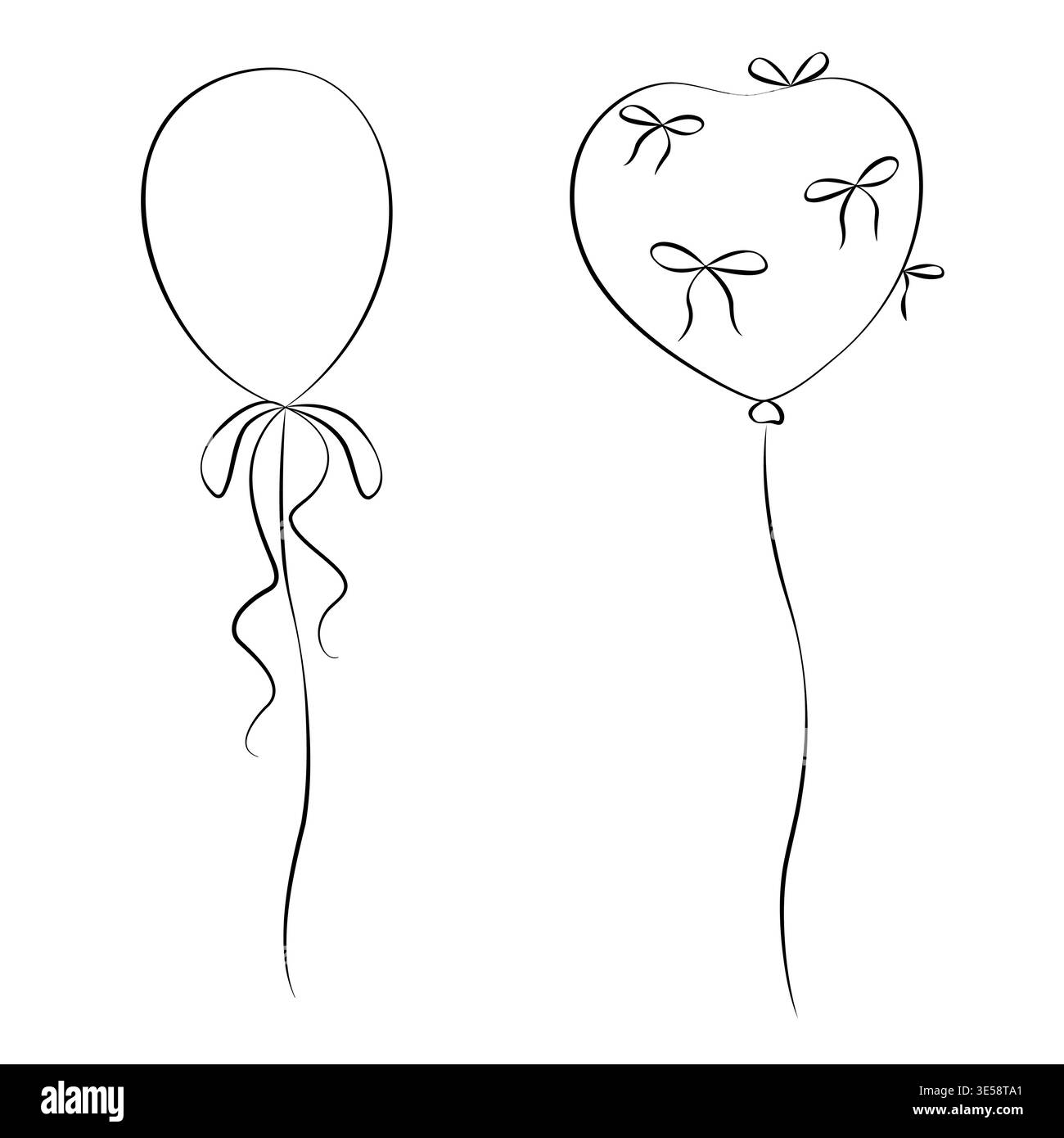 Elementi decorativi disegnati a mano per compleanni, matrimoni o feste, palloncini con fiocchi in stile grafico Illustrazione Vettoriale