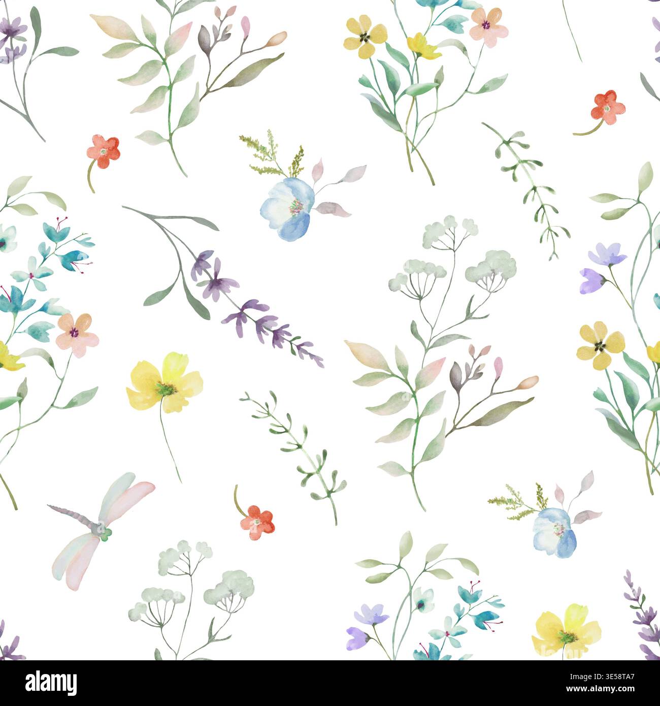Acquerello fiori selvatici motivo senza cuciture. Sfondo prato botanico con fiori gialli, blu e arancioni, foglie verdi e libellula. Foto Stock