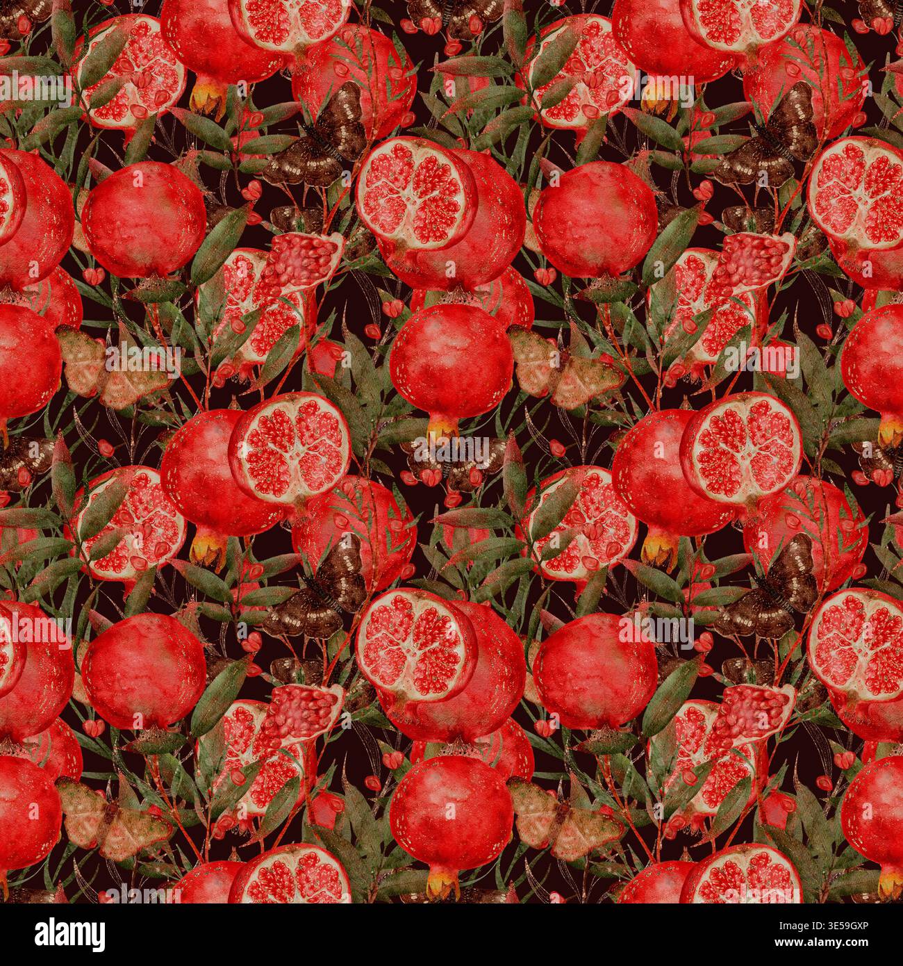 Acquerello Pomegrani maturi Collage Dense Harvest, composizione a strati con frutti e foglie intere che trasportano abbondanza ed energia rustica, ideale per l'imballaggio e le campagne stagionali disegno a mano acquerello senza cuciture motivo botanico. Foto Stock