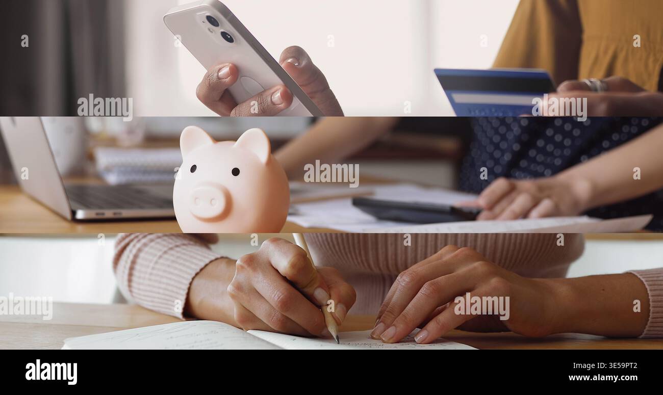 Finanze personali, budget e gestione finanziaria, ampia visualizzazione della griglia collage Foto Stock