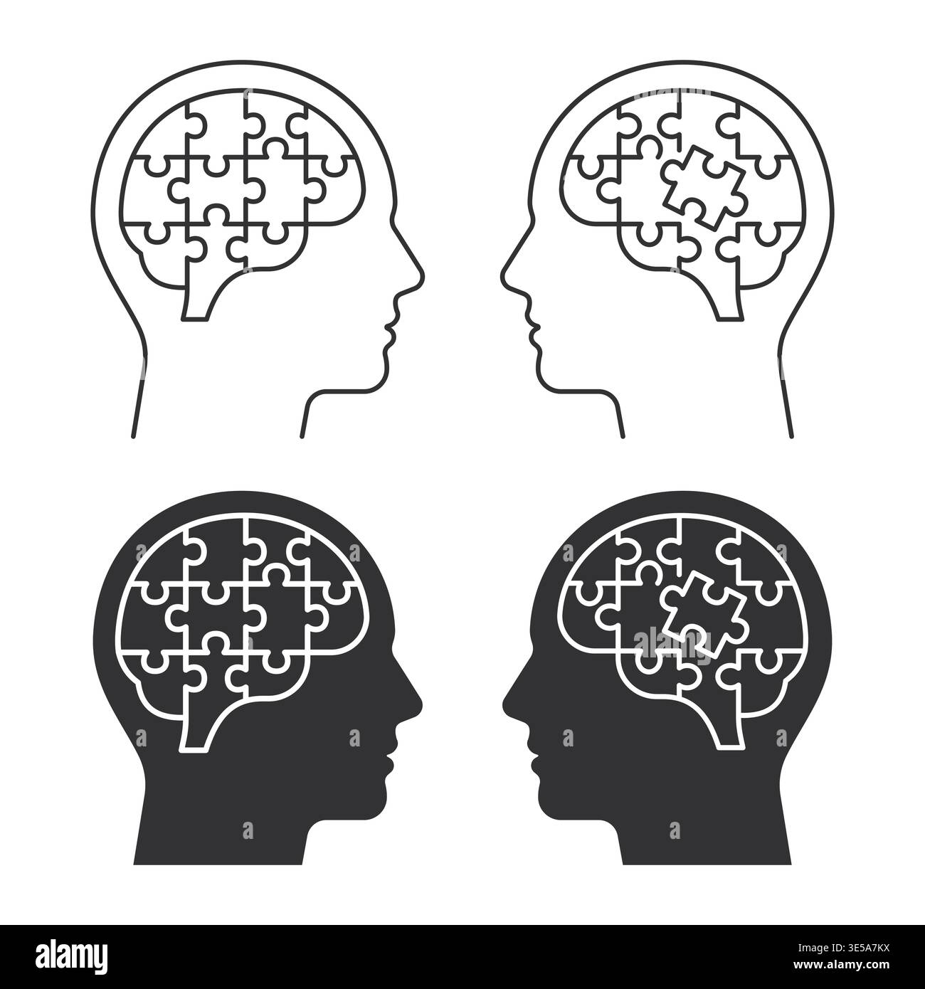 Set di icone del profilo cerebrale del puzzle. Delineare e versioni solide che rappresentano cognizione, problem solving, psicologia e processo mentale. Illustrazione Vettoriale