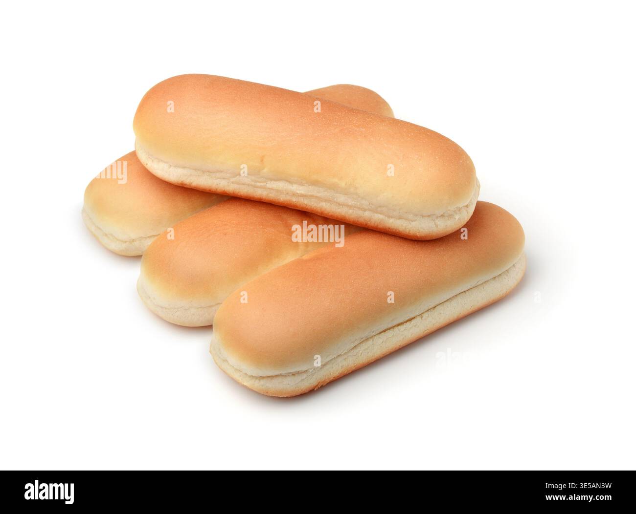 Quattro panini interi di hot dog isolati su bianco Foto Stock