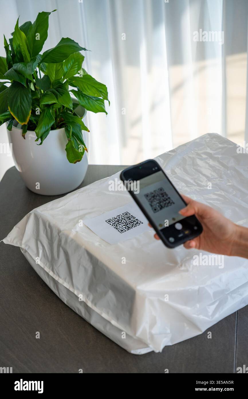 Persona che esegue la scansione del codice QR sul pacco con la fotocamera dello smartphone per il monitoraggio delle consegne a casa. Tecnologia contactless app mobile e concetto di servizio digitale. Foto Stock