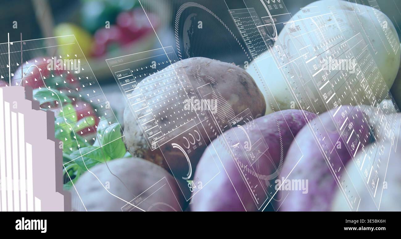 Mostra gruppi di tuberi e patate seduti sul bancone del mercato, con sovrapposizioni digitali HUD Foto Stock