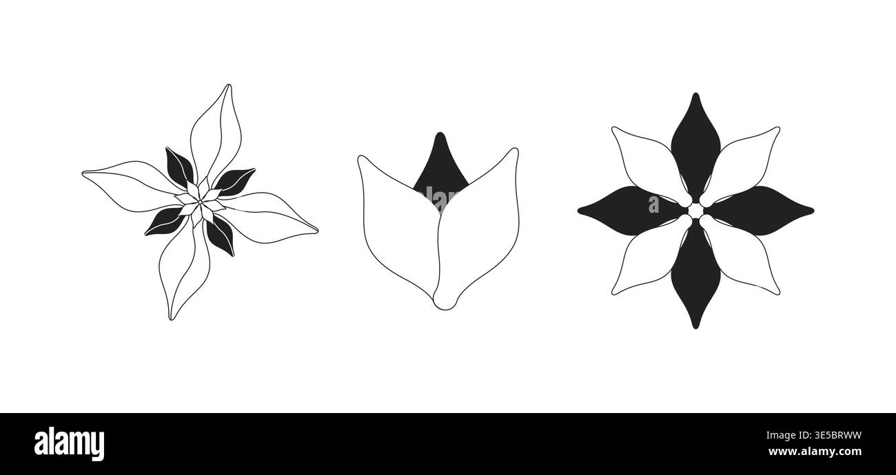Set di oggetti linea 2D con fiori stilizzati Illustrazione Vettoriale