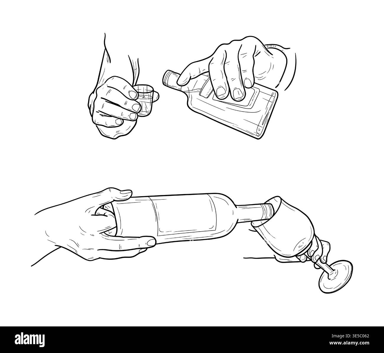 Mani che versano il vino da una bottiglia in un bicchiere e il whiskey in un bicchiere da shot, disegnato a mano. Illustrazione vettoriale. Mani di un cameriere o di un barista, c Illustrazione Vettoriale