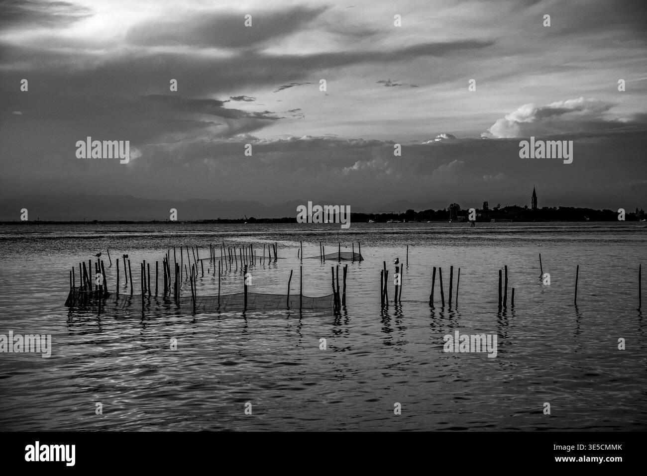 Allevamento di cozze sulla laguna di Venezia, con cielo minaccioso e tramonto sul mare Foto Stock